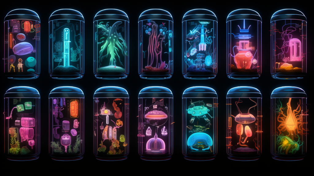 Two rows of glass specimen jars containing artificial life forms. It looks like a still from a Pixar movie.