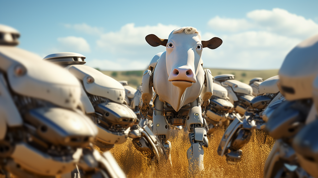 A pizza style robotic cow in a field of robots
