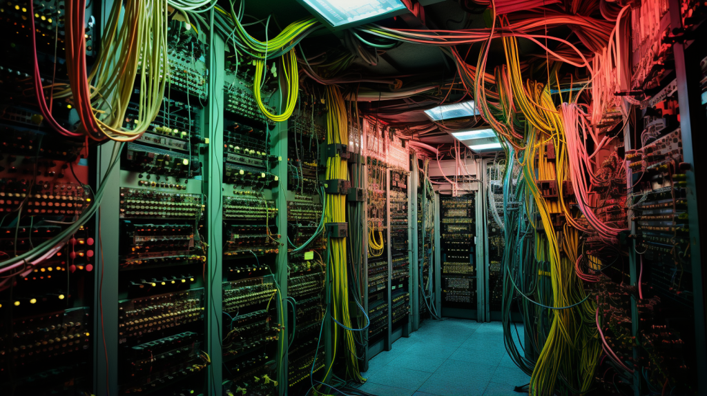 a room filling computer with cables running al around the room.