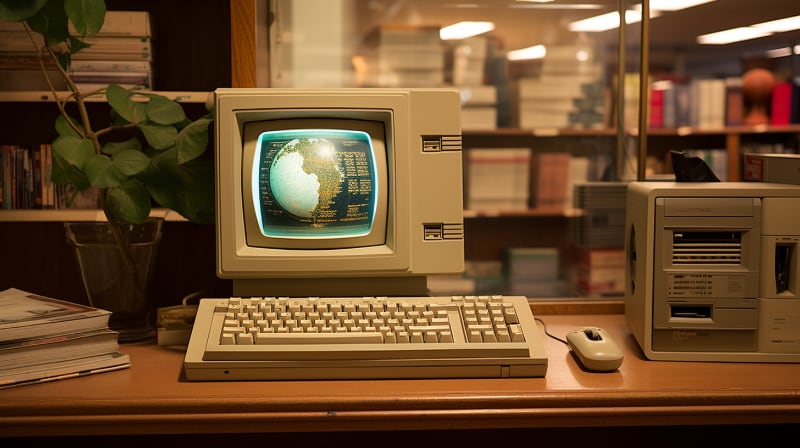 a 1980s computer in an office setting